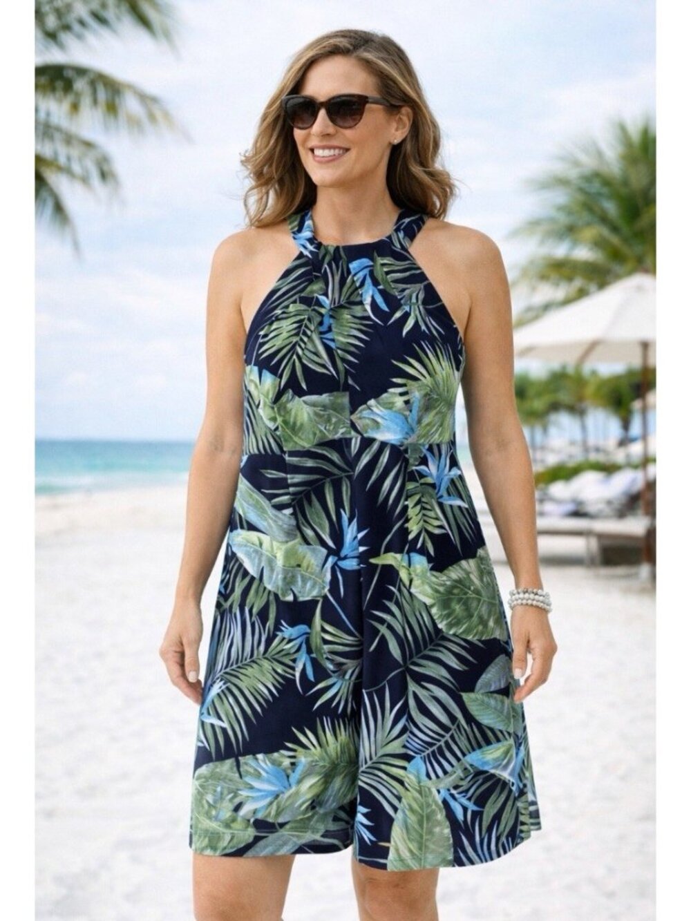 DressBarn Sleeveless Dress Sz 12 Tropical palm leaf Cruise Vacation resort